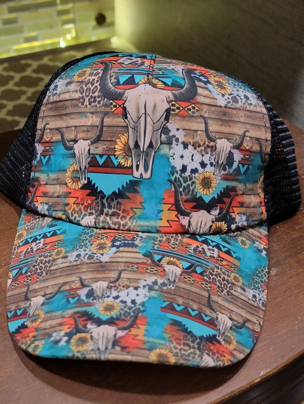 Western AZTEC steer Skull Ponytail Trucker Hat